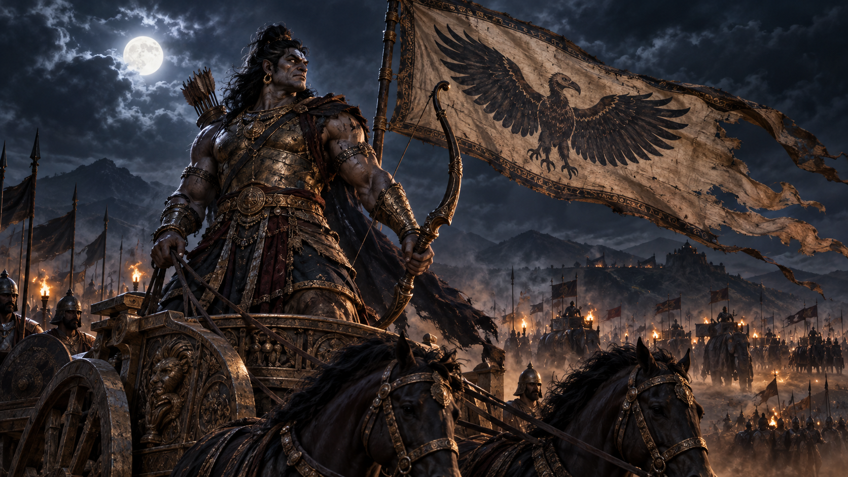 Ghatotkacha stands on a moonlit war chariot beneath a windblown banner bearing a vulture emblem.
