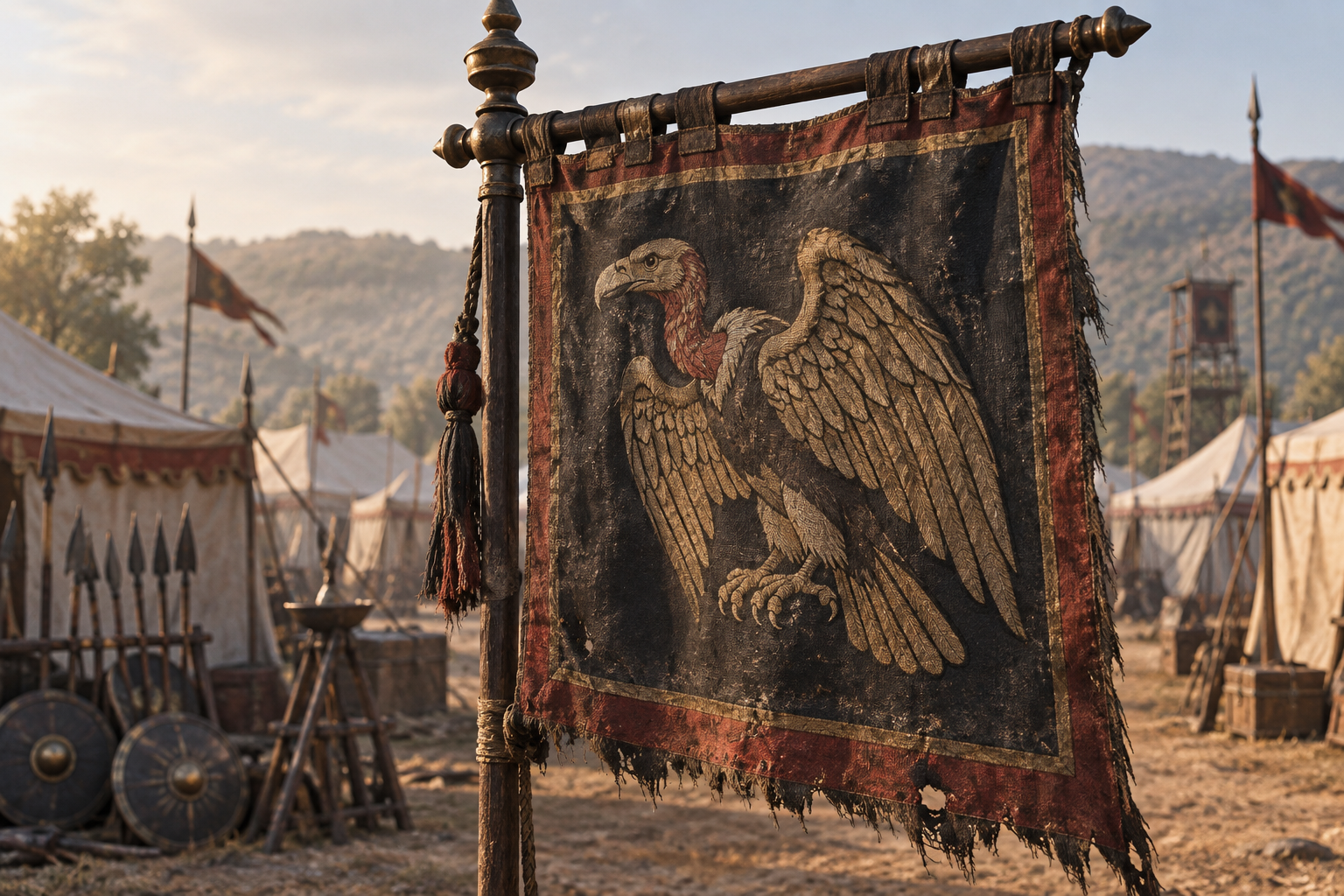 A weathered battle standard with a woven vulture emblem hangs from a wooden pole in an ancient military camp.