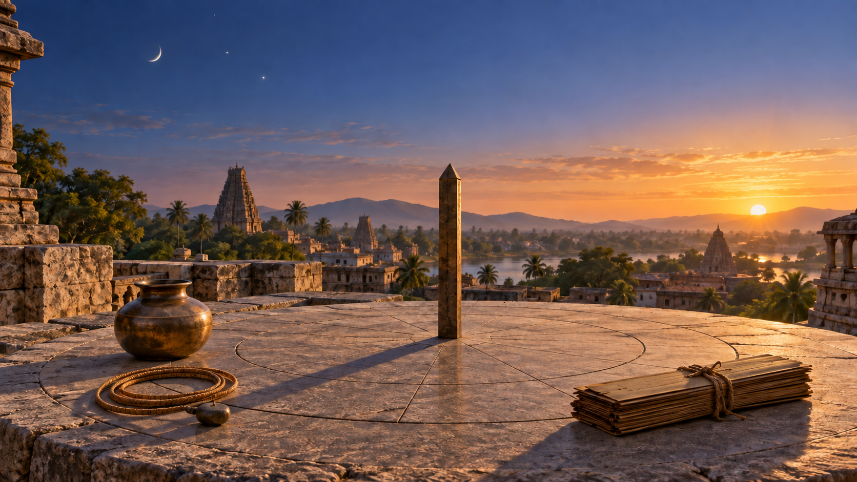 A gnomon, water vessel, measuring cord, and tied palm-leaf manuscript bundle on a stone terrace beneath a pre-dawn sky.