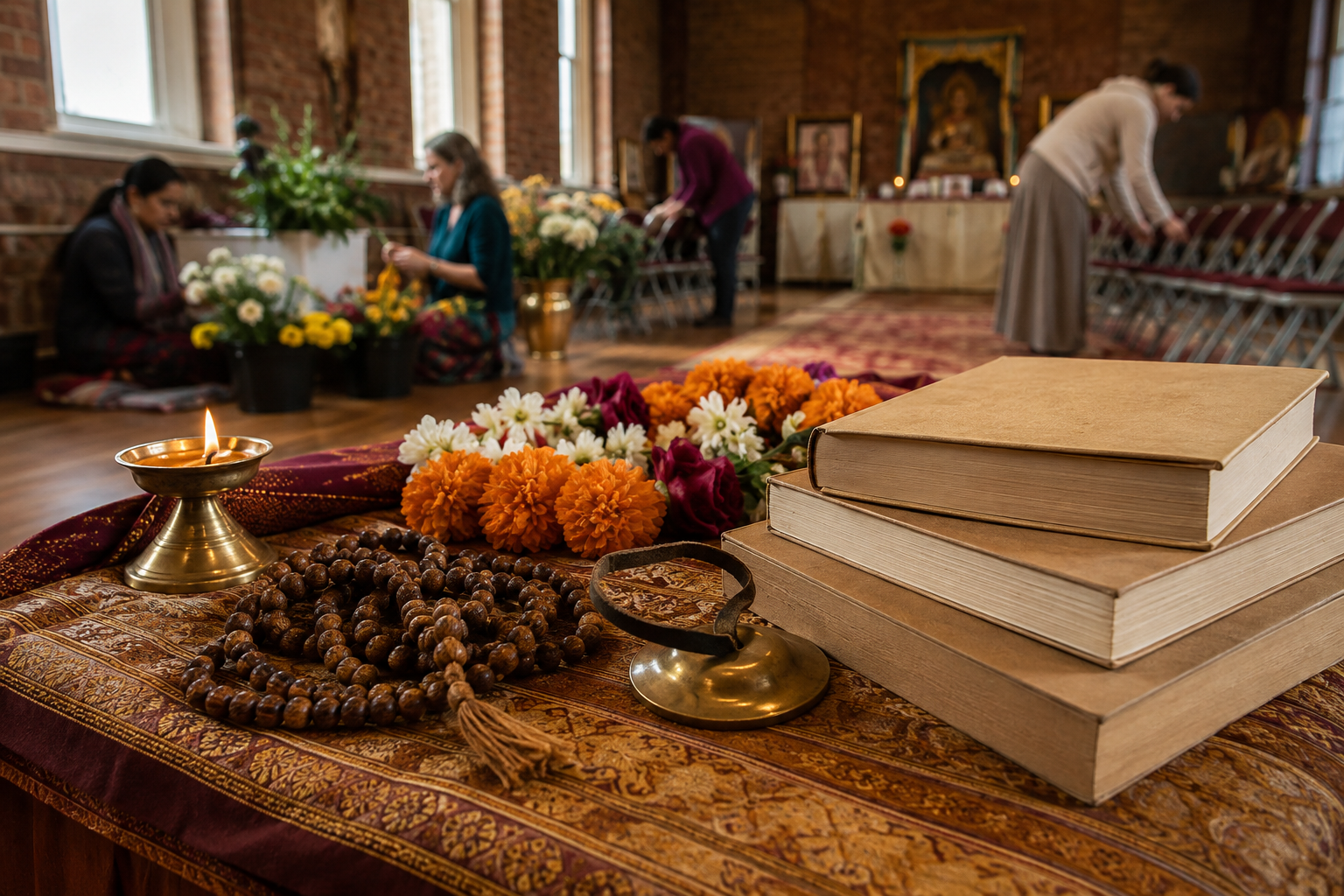 Prayer beads, flower garlands, hand cymbals, an oil lamp, and closed books rest on a table while temple volunteers prepare a hall in the background.