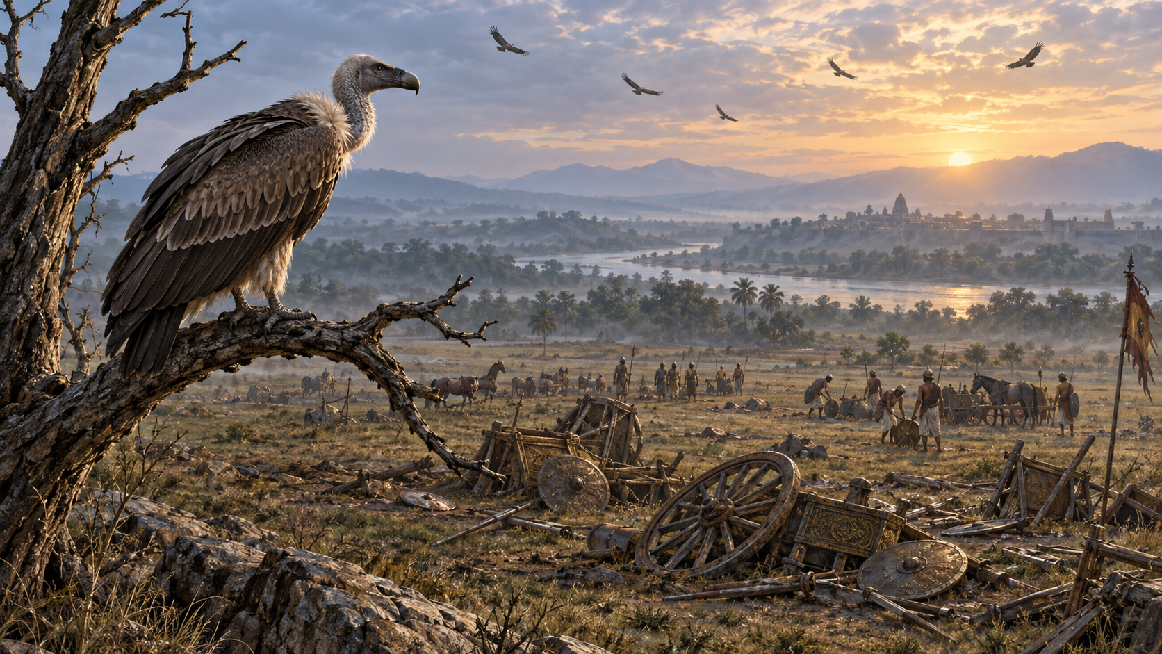 A vulture watches from a tree above a dawn battlefield scattered with abandoned shields and broken chariot wheels.