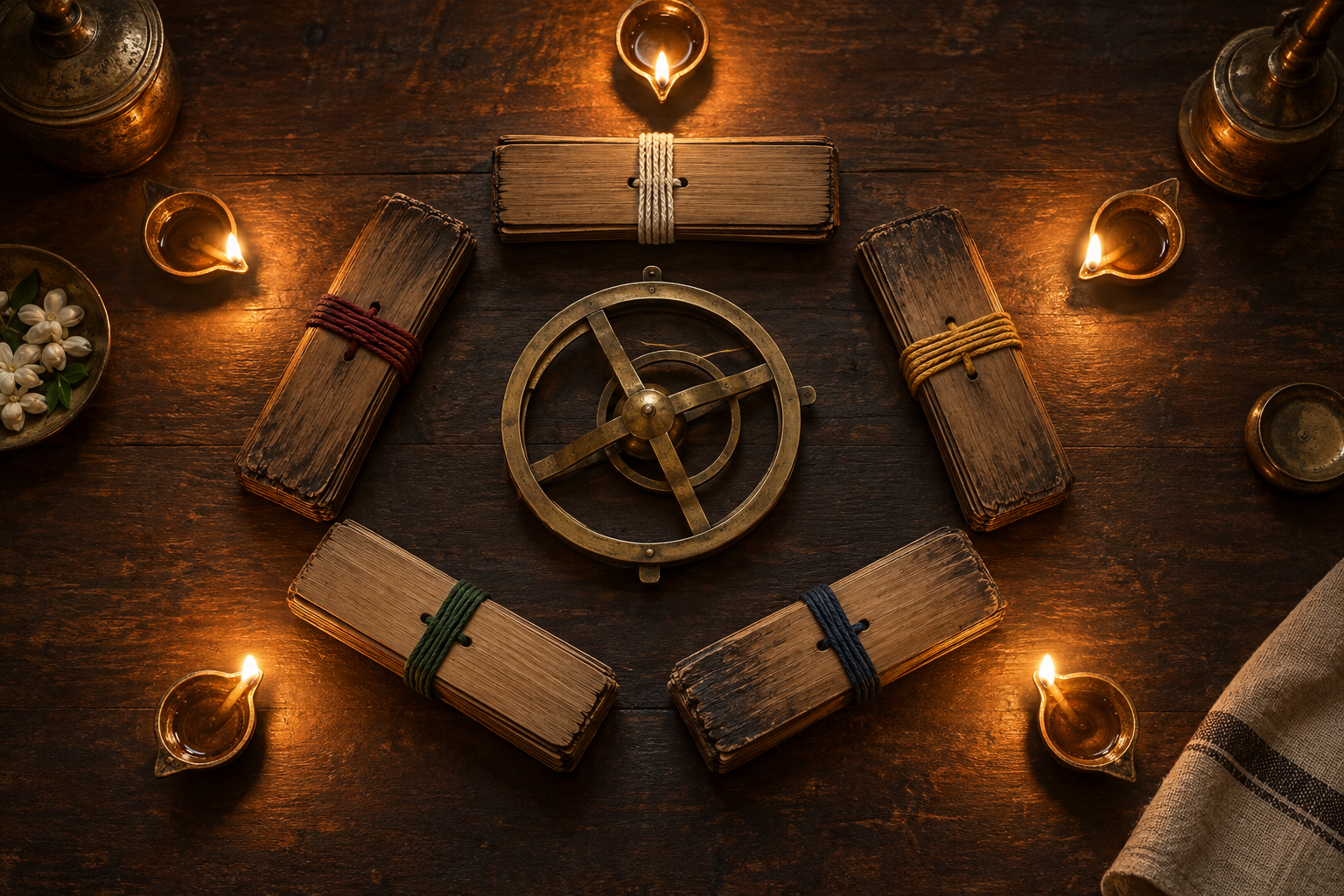 Five tied palm-leaf manuscript bundles surround a brass celestial ring instrument on a lamp-lit wooden surface.