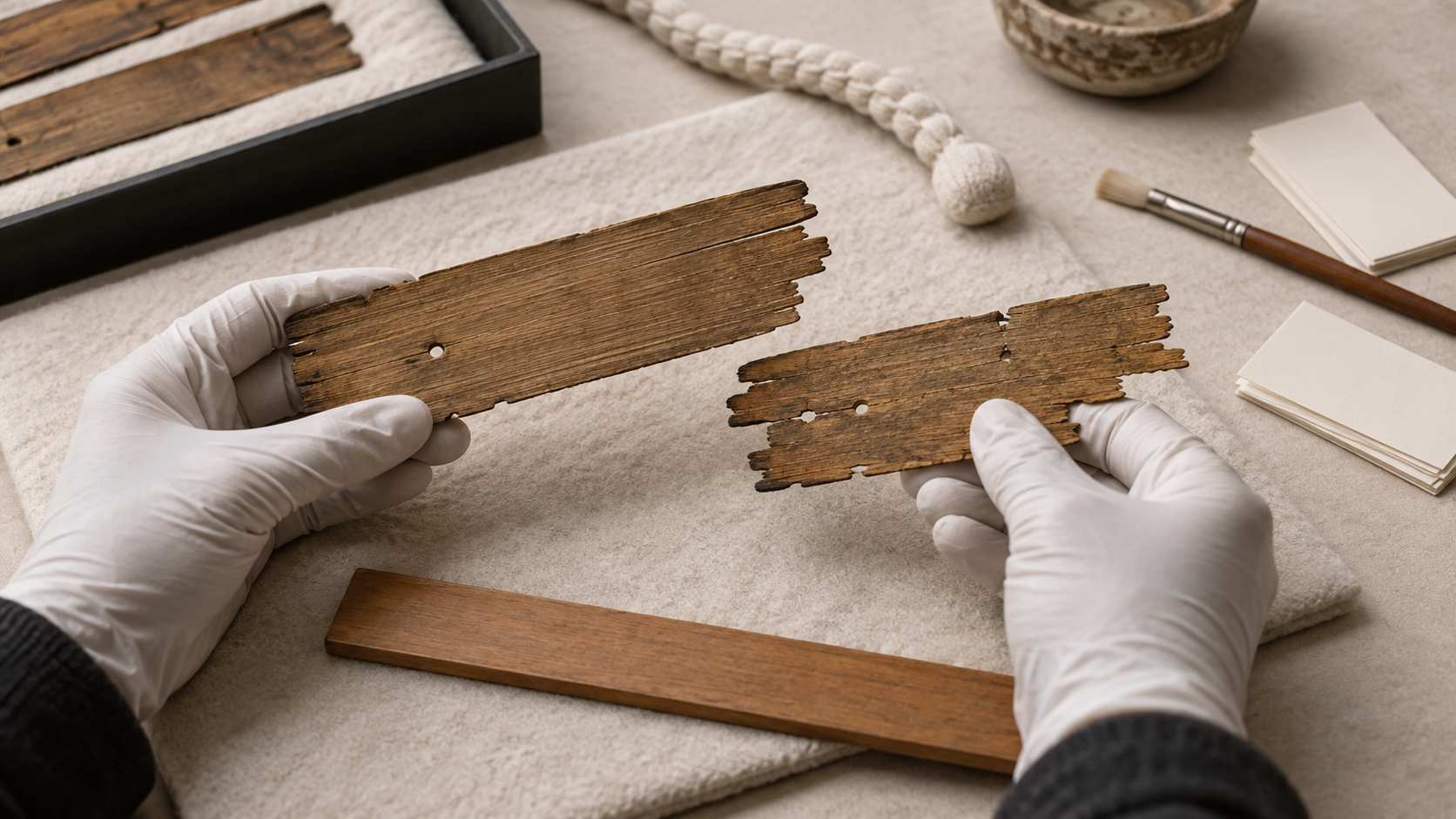 Gloved hands compare two worn palm-leaf fragments beside conservation tools in an archival workspace.