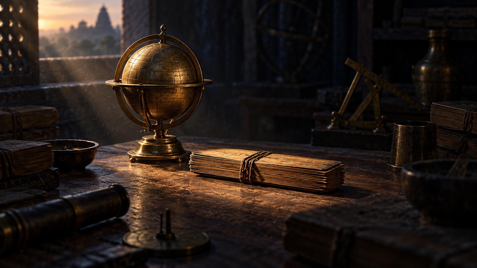 A brass celestial sphere and closed palm-leaf bundle are illuminated at the center of a table while other materials remain in shadow.