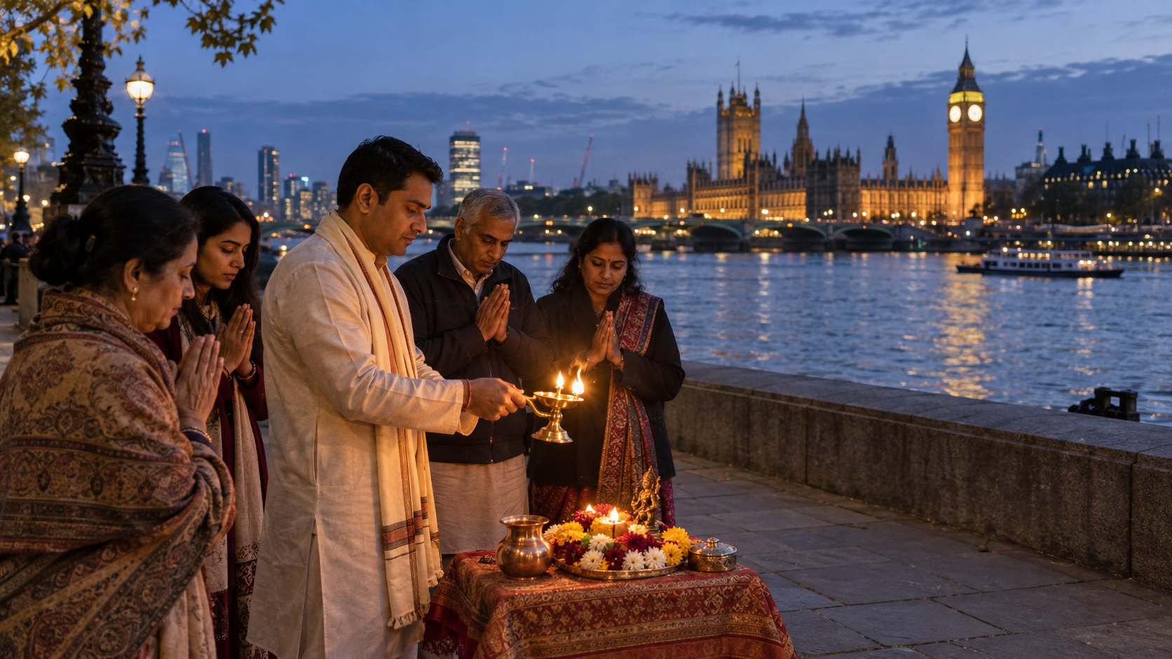 Hindu worshippers gather around a brass oil lamp and copper vessel beside the River Thames at dusk, with the London riverside in the background.