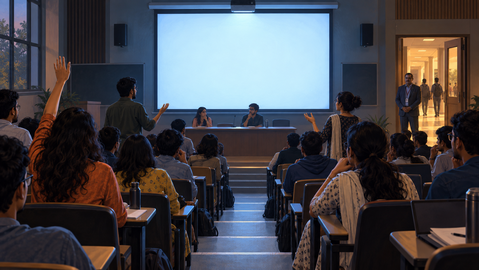 Students with differing views discuss a documentary screening in a university lecture hall while an administrator observes near the doorway.