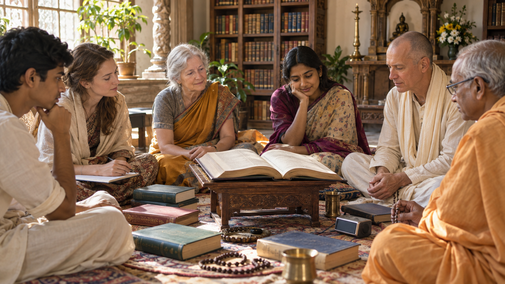 An intergenerational study group sits around an open sacred volume with notebooks, prayer beads, and audio-listening equipment in a warm temple library.