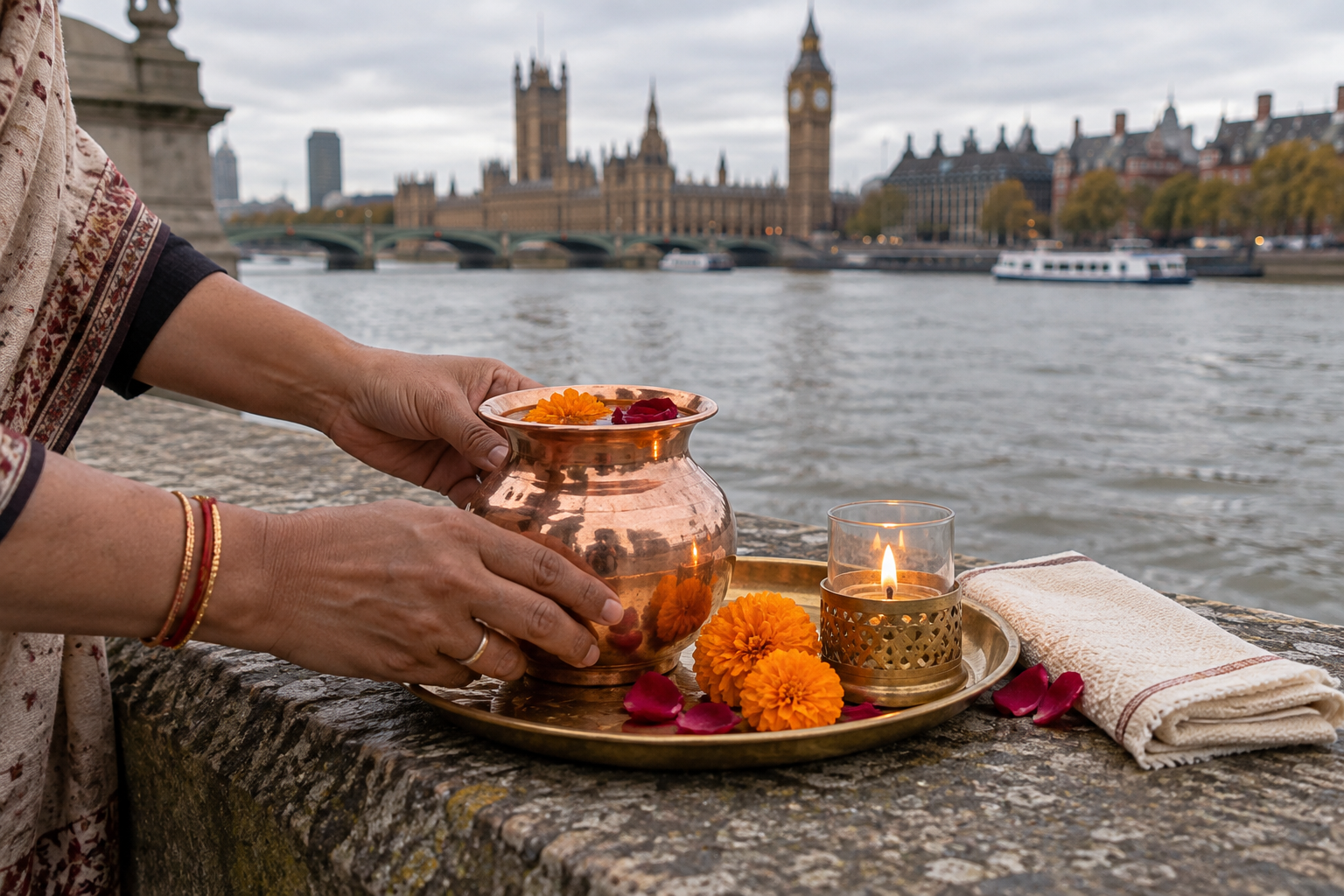 A copper water vessel, flower petals and a protected oil lamp are arranged on a stone ledge beside the flowing Thames.