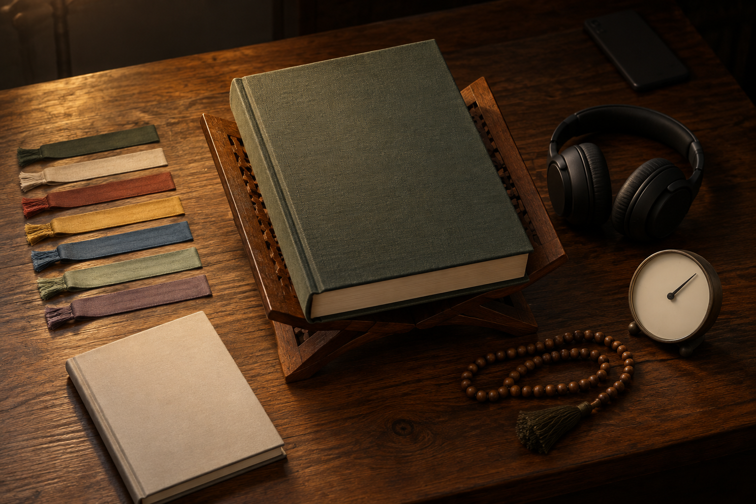 A sacred volume, notebook, prayer beads, headphones, and timer form an organized study space while a face-down phone sits at the edge.