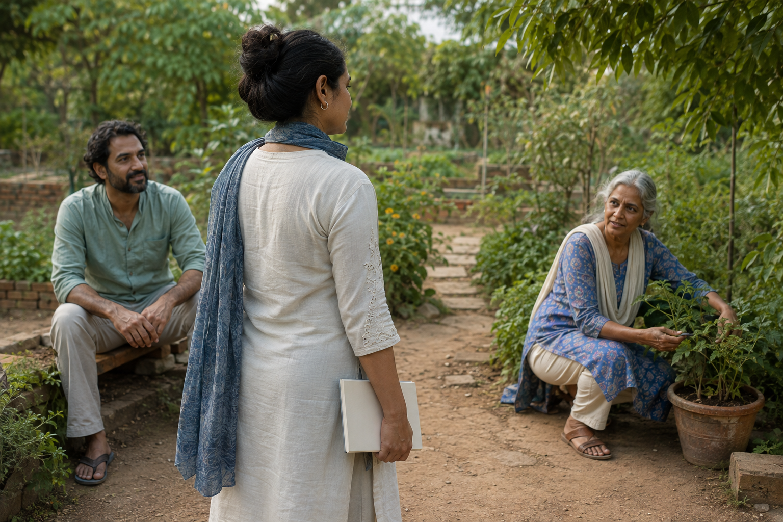 A practitioner holding a closed notebook stands in a garden near a seated peer and an elder tending a plant.