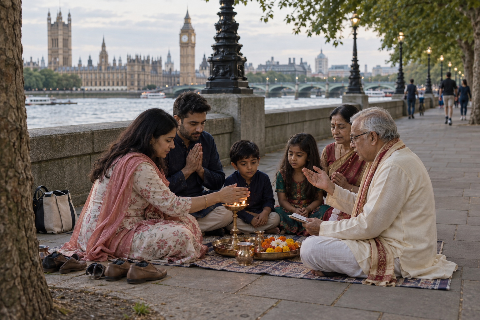 A multigenerational Hindu family prays quietly beside the Thames while keeping offerings on a reusable tray and leaving the public path clear.