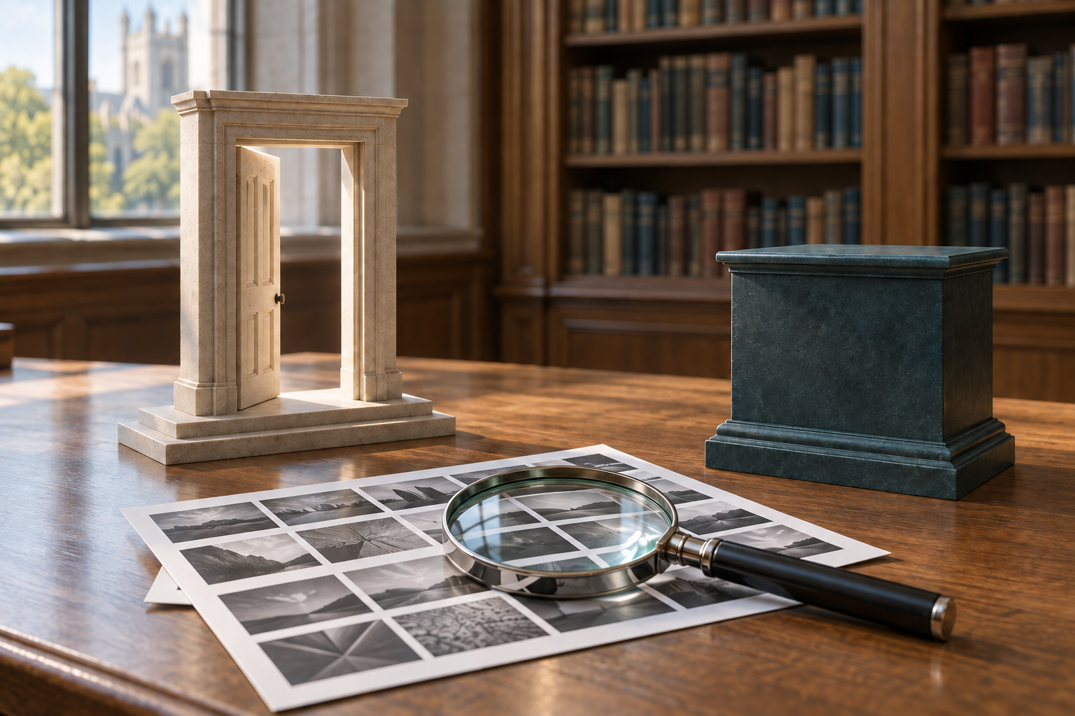 A model doorway, magnifying lens, and separate empty plinth symbolize access, verification, and institutional endorsement.