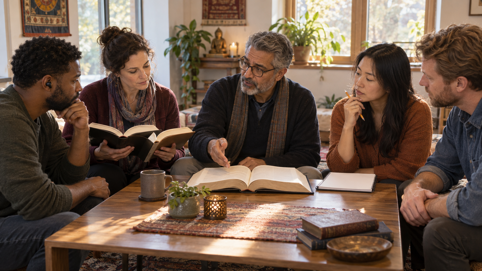 A teacher and four adult learners listen, compare open volumes, take notes, and discuss a passage around a shared table.