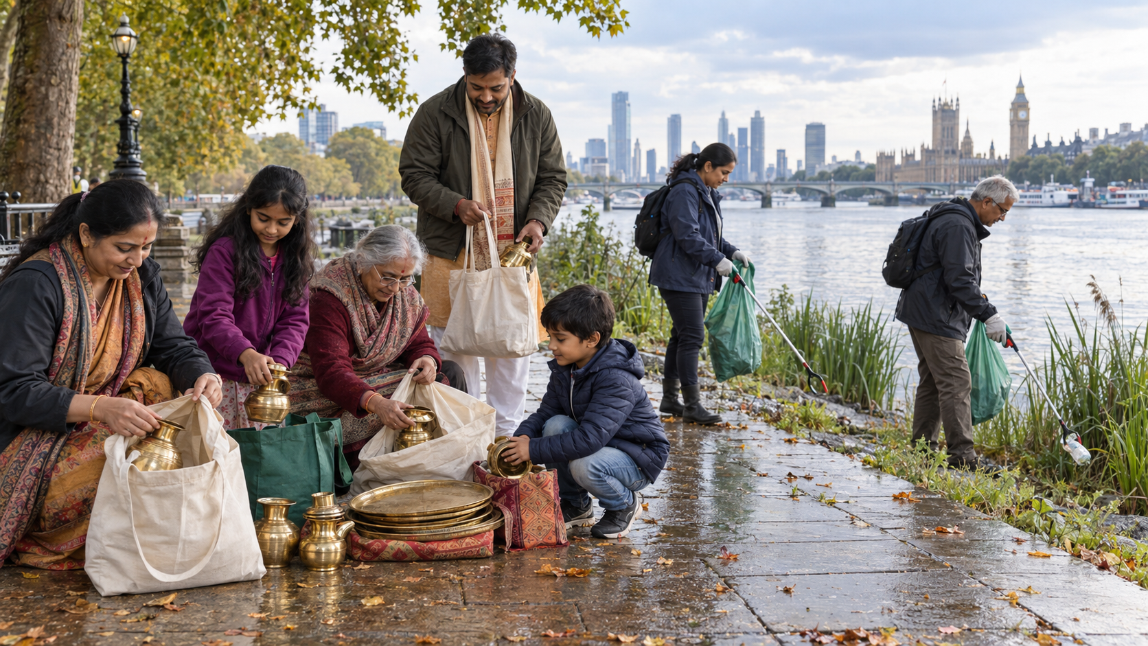 Community members pack reusable worship items and collect litter from the Thames embankment after a riverside gathering.