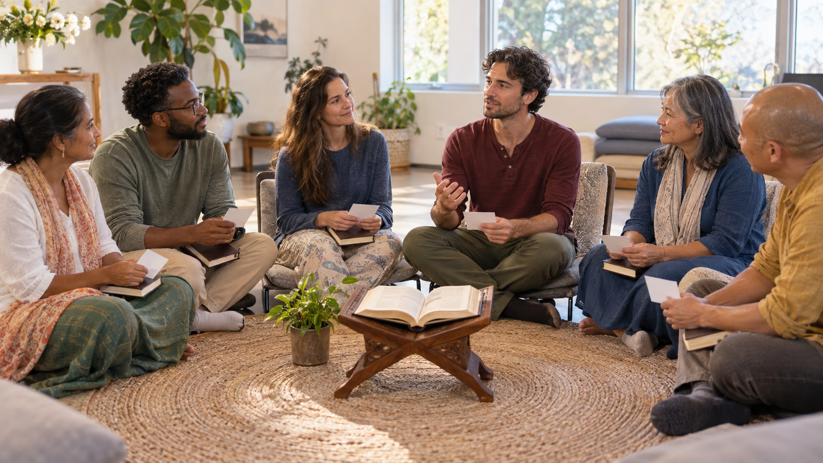 Six learners practice recalling and discussing a teaching from memory while an open sacred volume rests on a stand nearby.