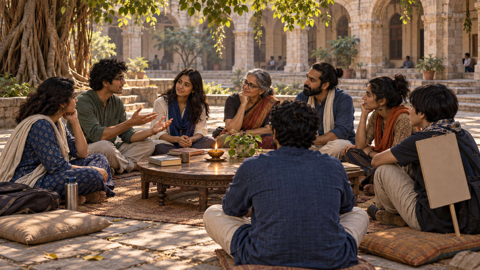 Students and teachers hold a calm courtyard discussion around a glowing oil lamp, with a blank placard set aside.