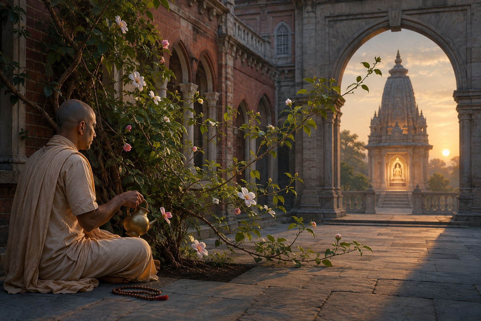 A devotee tends a flowering vine growing toward a softly illuminated shrine in a quiet temple courtyard at dawn.