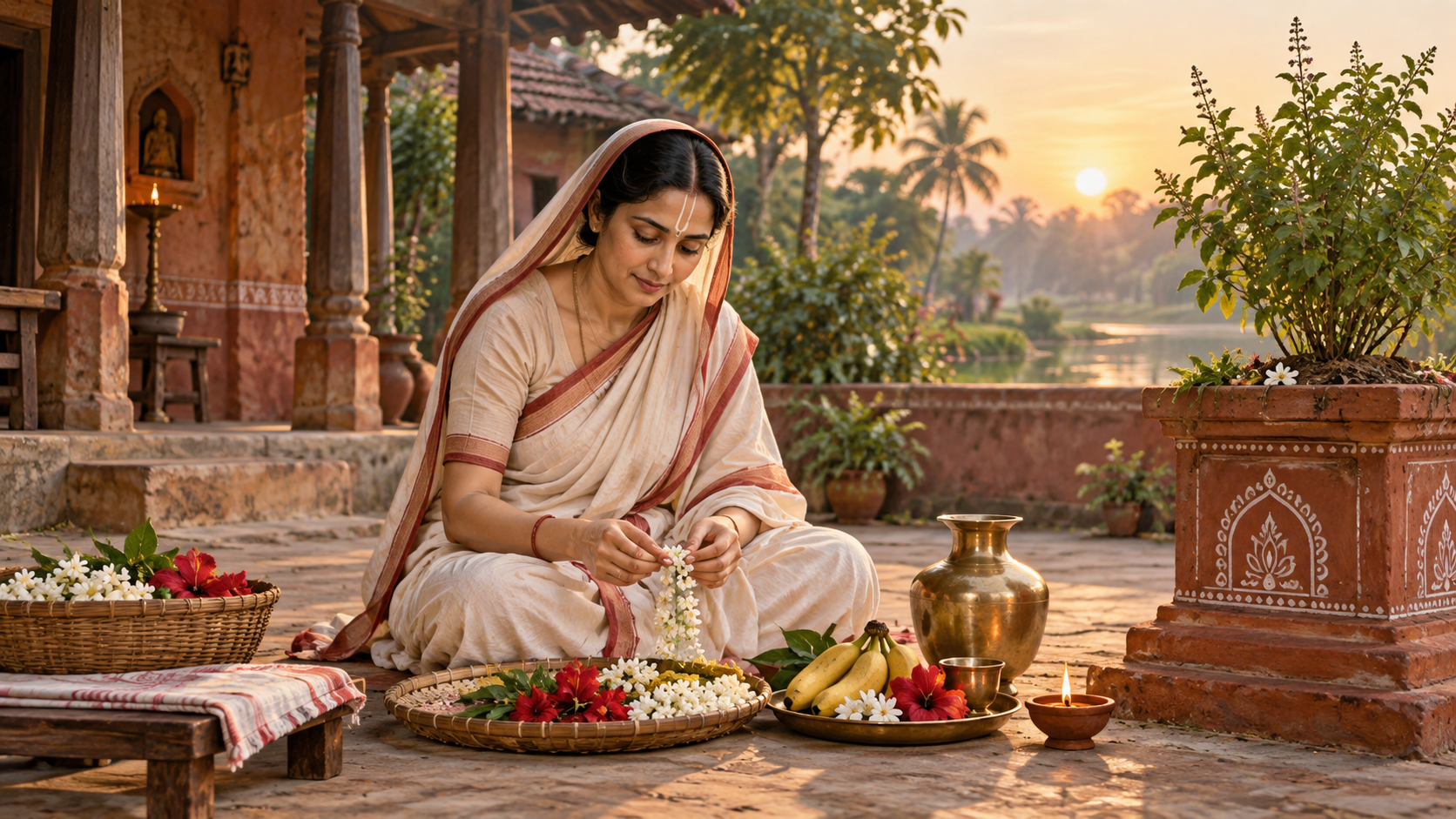 A devotional illustration of a Bengali Vaishnava matriarch arranging flowers, fruit, a brass vessel, and a lamp in a sunlit courtyard beside a tulasi plant.