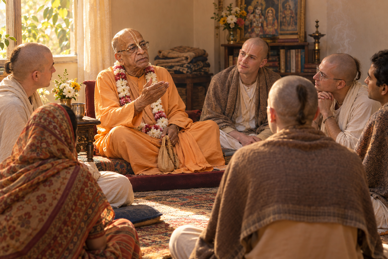 Srila Prabhupada sits in saffron robes and speaks to a small circle of attentive disciples in a softly lit temple room.