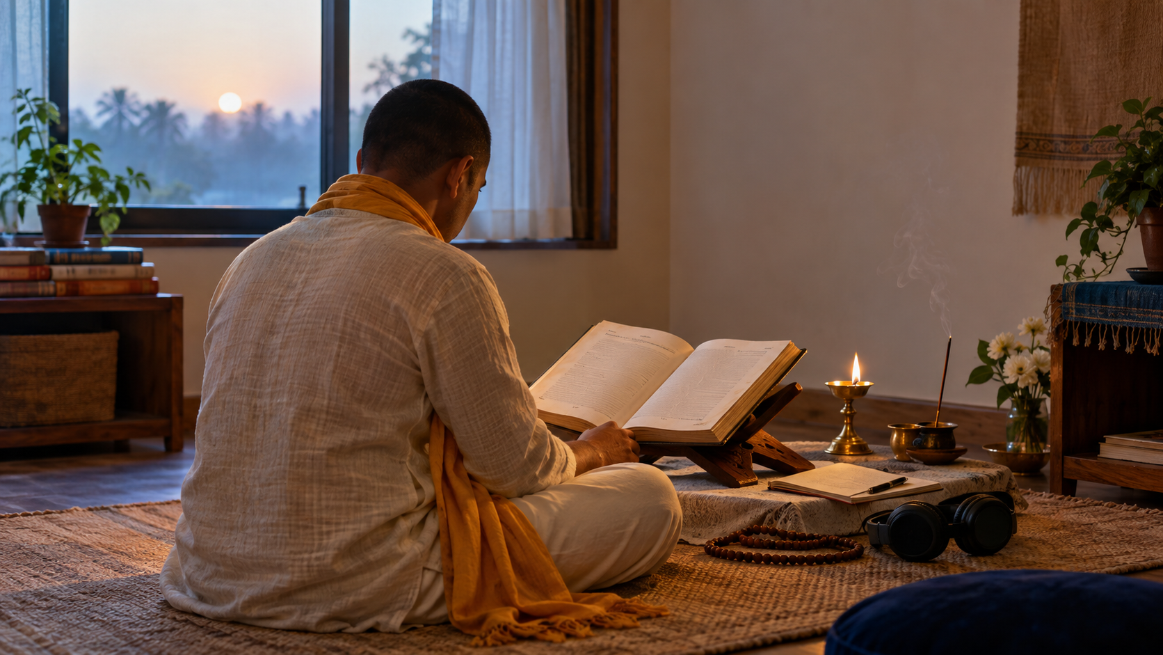 A listener studies an open scripture on a wooden stand beside a notebook, prayer beads, headphones and a brass lamp at dawn.