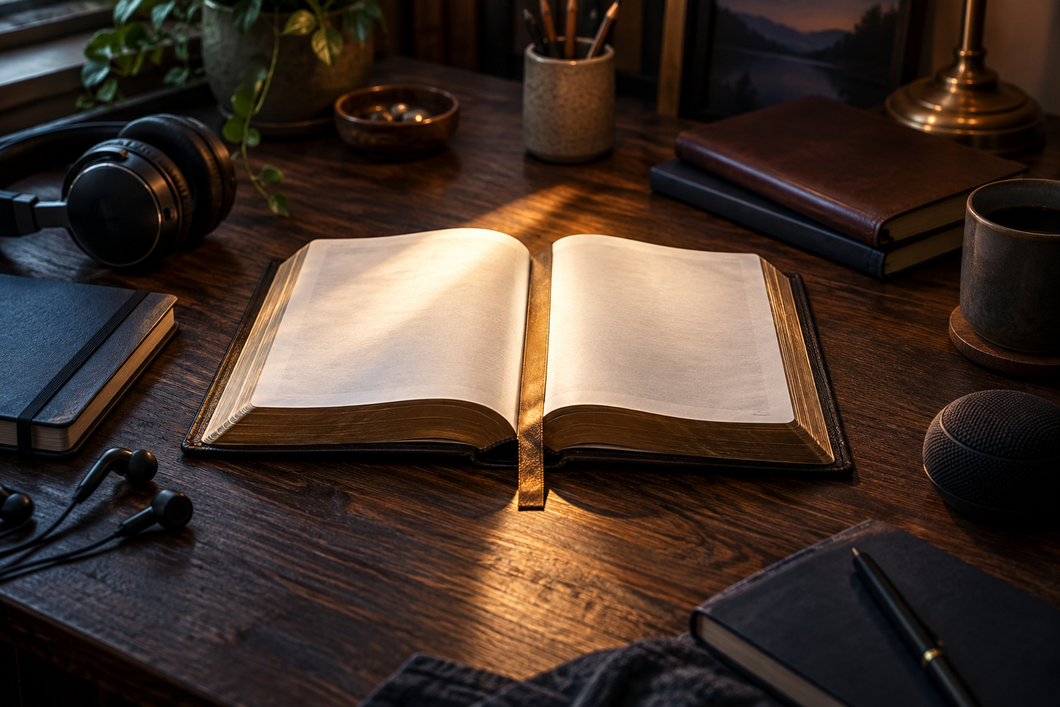 One open scripture with a bookmark is illuminated at the center of a table while notebooks and listening devices remain out of focus around it.