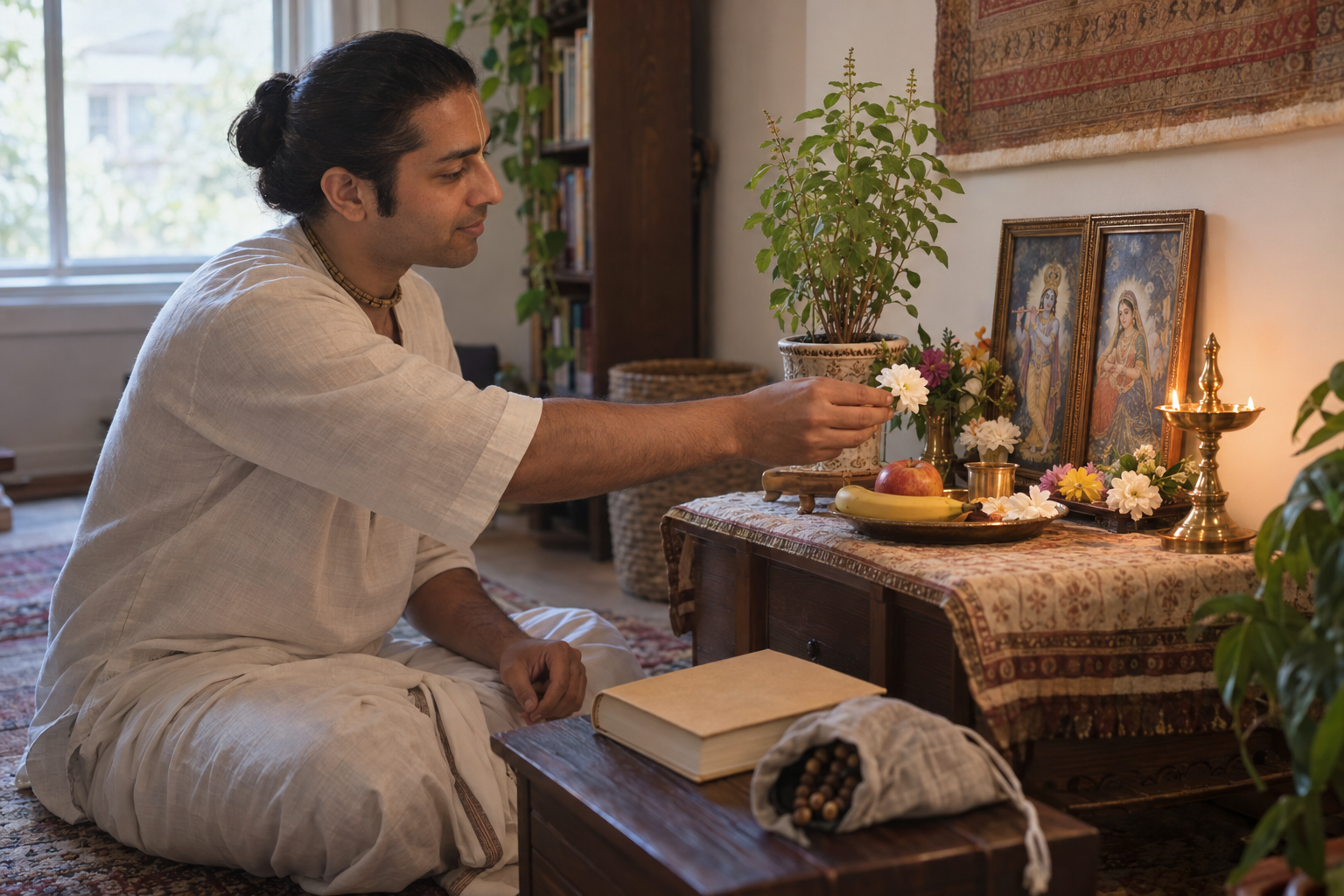 A practitioner offers a flower at a simple home altar with a tulasi plant, fruit, prayer beads, a brass lamp, and a closed book.