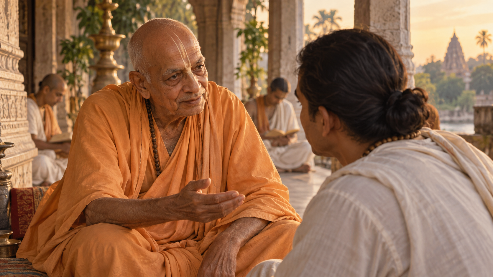 An elderly Vaishnava teacher and a disciple share an attentive conversation on a quiet temple veranda.