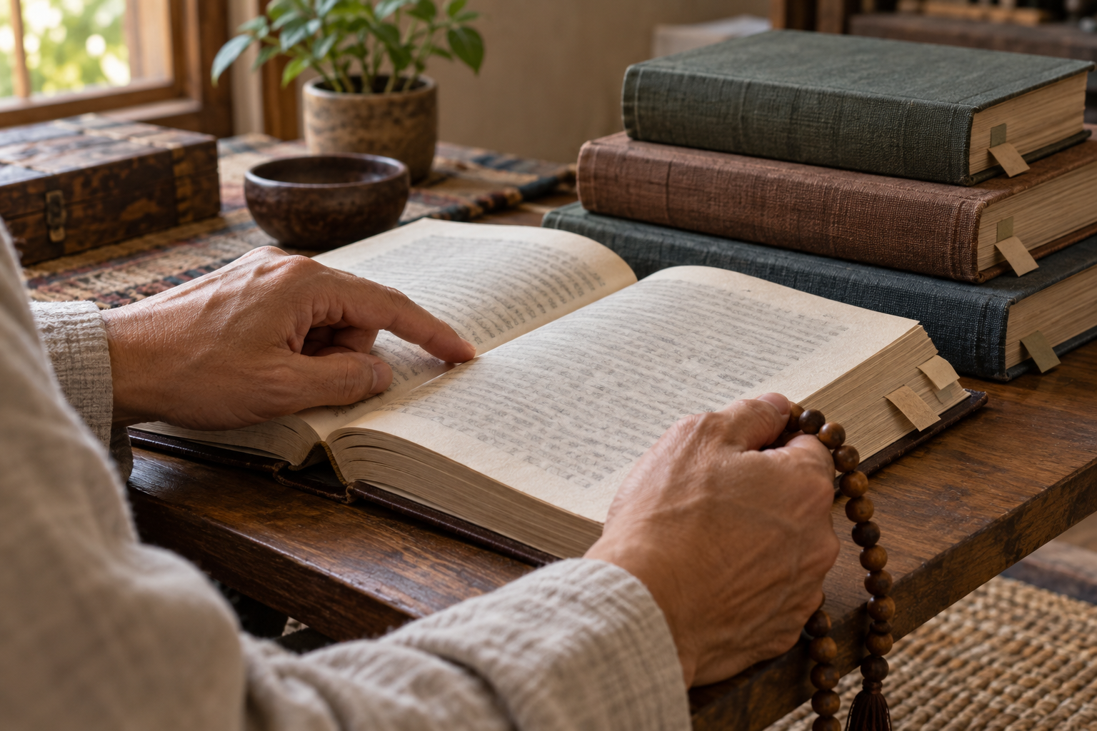 A hand points to a passage in an open scripture beside several color-coded reference volumes and wooden prayer beads.
