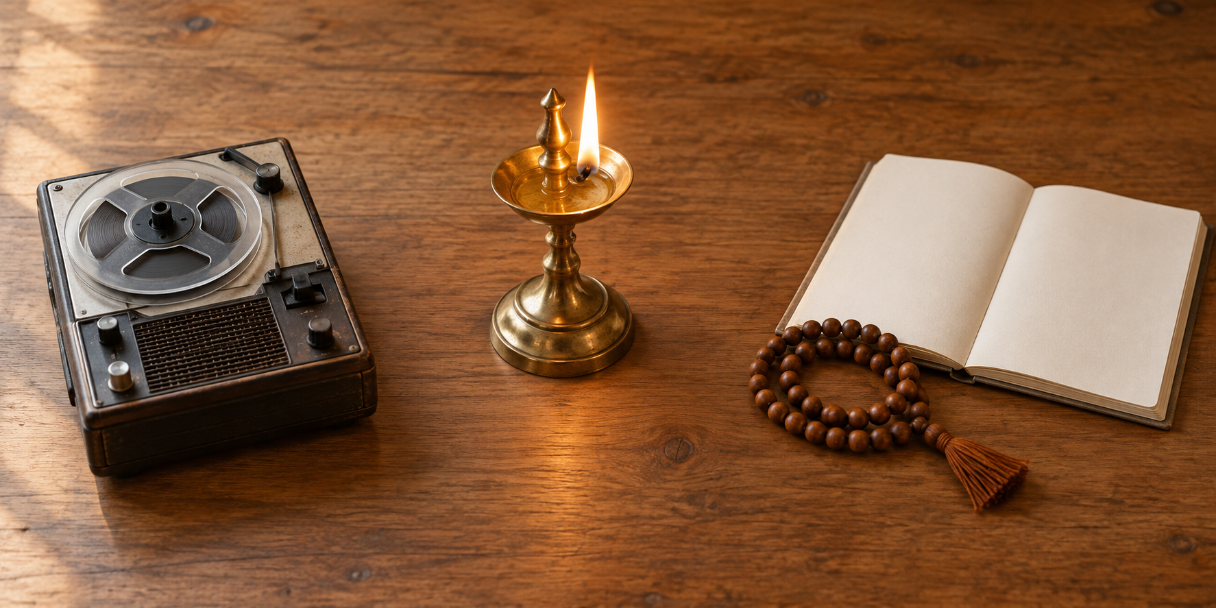 A vintage recorder, a glowing brass lamp, and prayer beads beside a blank notebook form three separate groups on a wooden table.