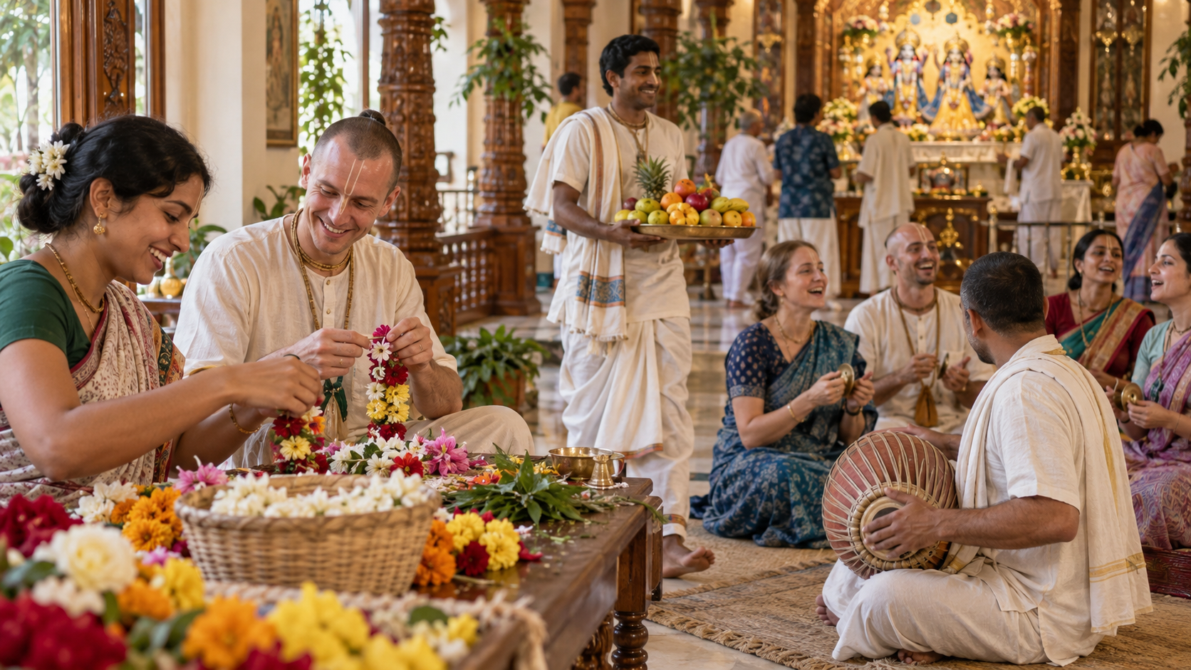 Devotees in a temple hall make flower garlands, carry fruit offerings, and sing together with hand cymbals and a drum.