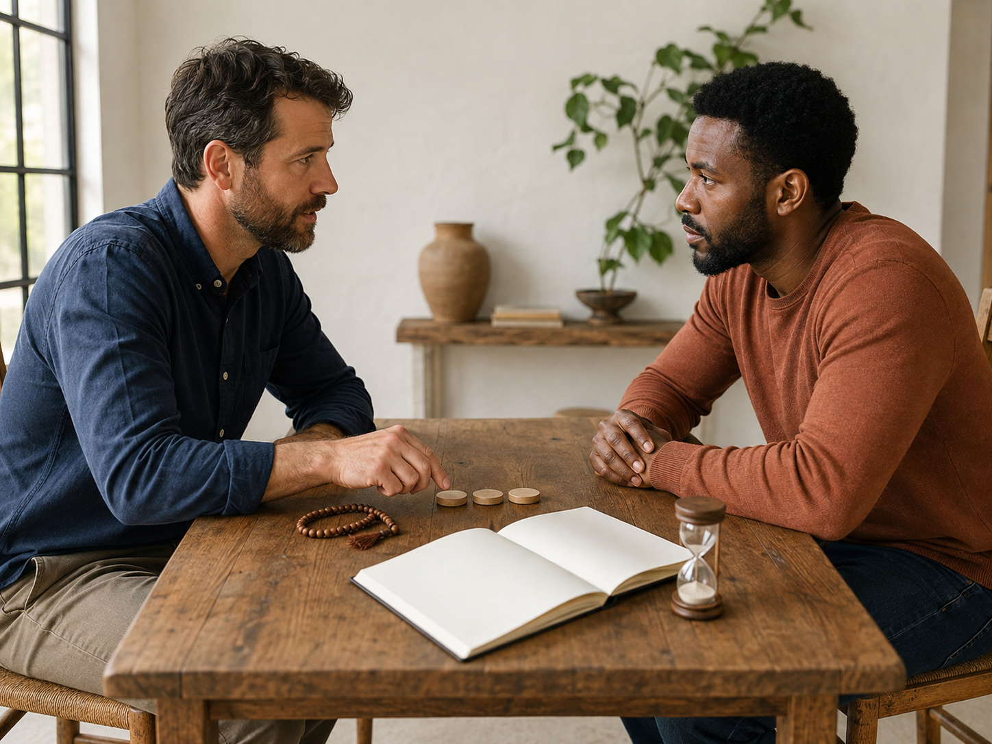 Two peers conduct a check-in at a wooden table with prayer beads, three plain tokens, an hourglass, and a blank notebook.
