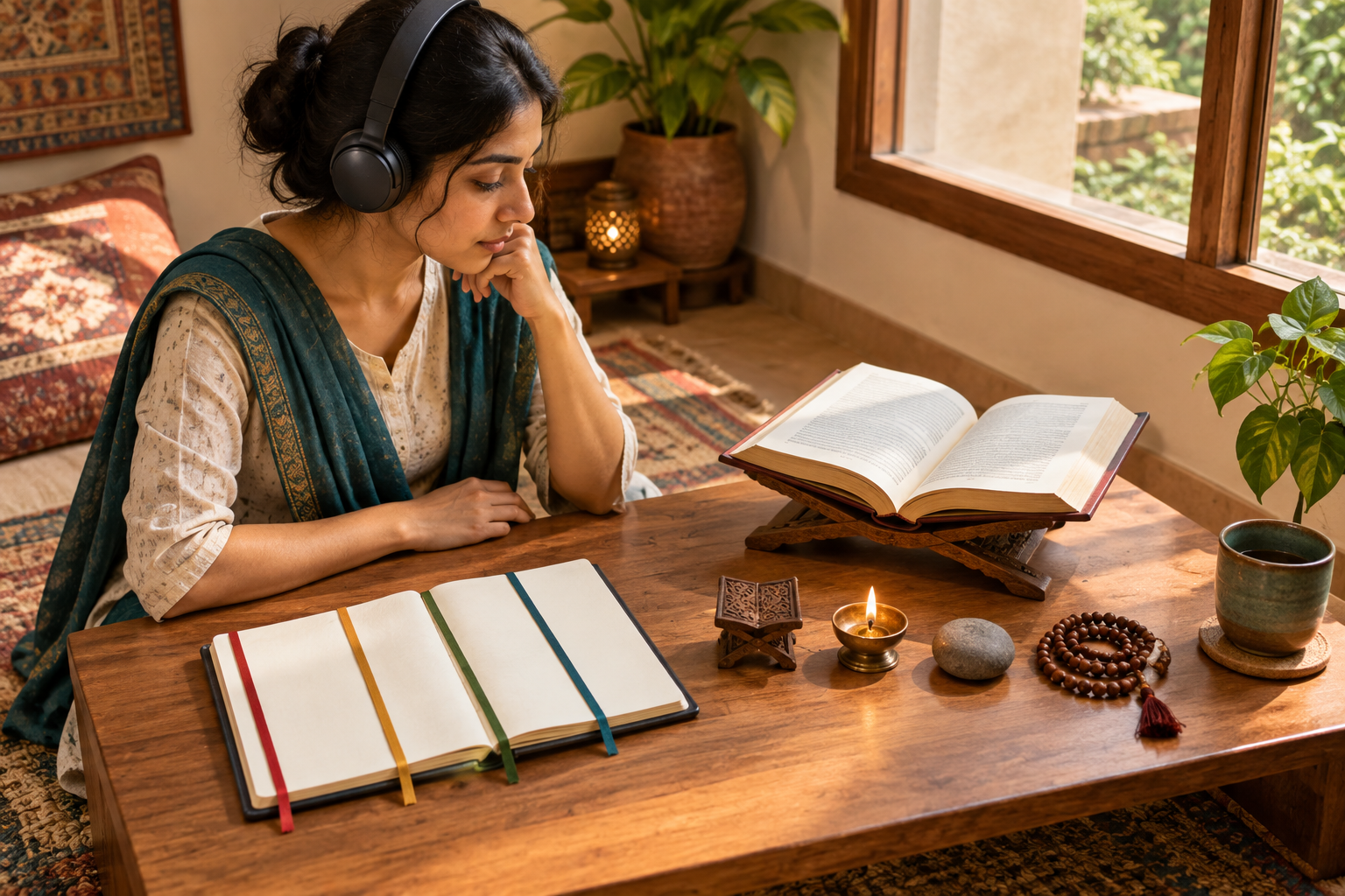 A listener sits with an open scripture, headphones and a notebook divided by four colored markers, with a lamp, stone and prayer beads nearby.