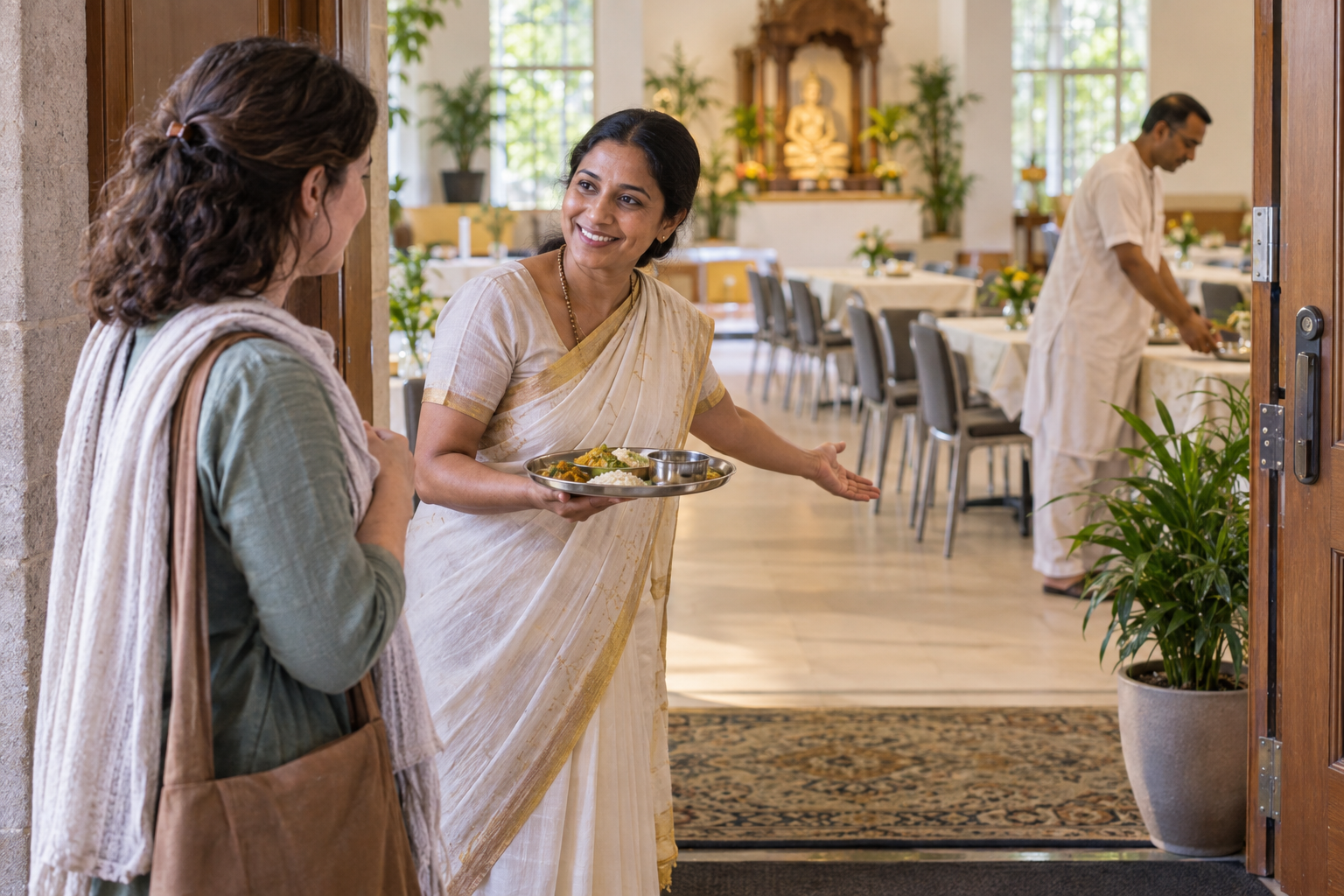 A temple volunteer welcomes a newcomer with a seat and a tray of vegetarian food in a sunlit community hall.