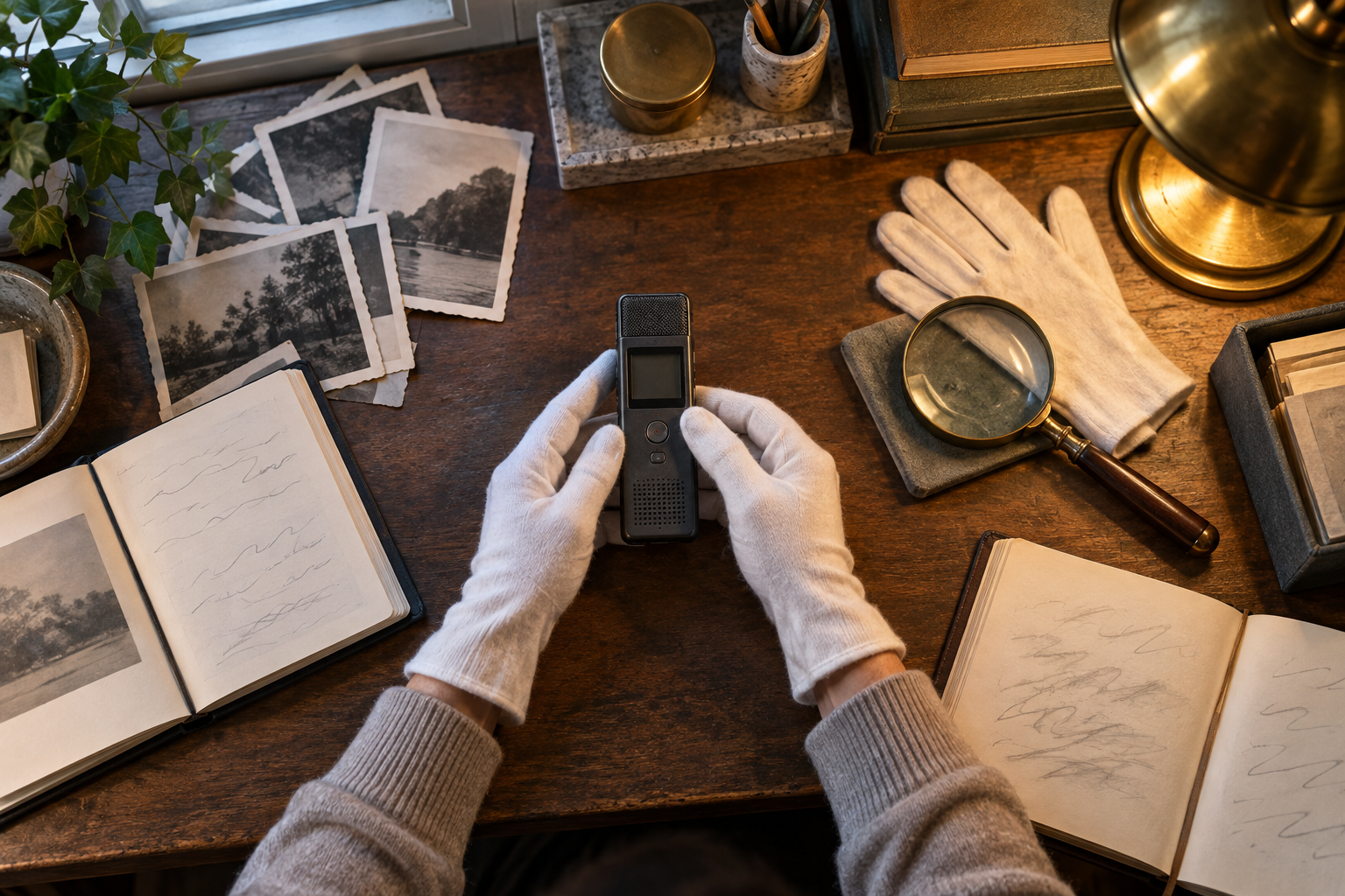 A researcher carefully compares an audio recorder, archival photographs, and open notebooks at an orderly workspace.