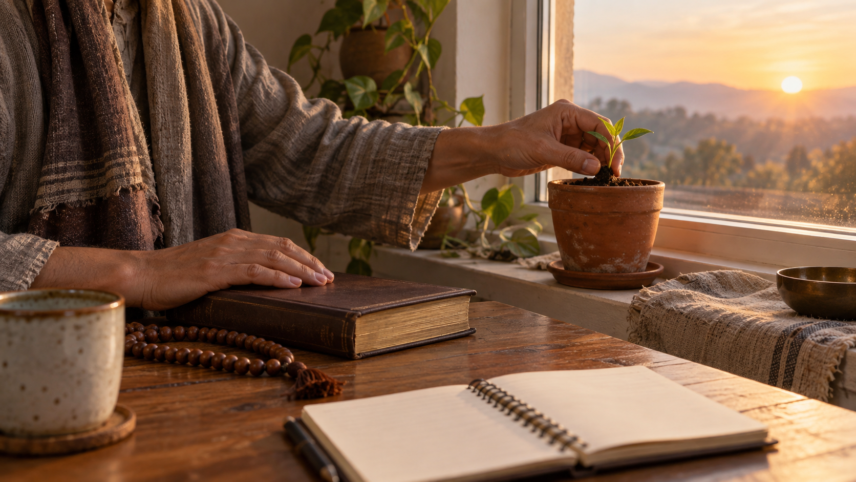 A devotee closes a scripture beside prayer beads while placing a small seedling into a clay pot in warm sunrise light.