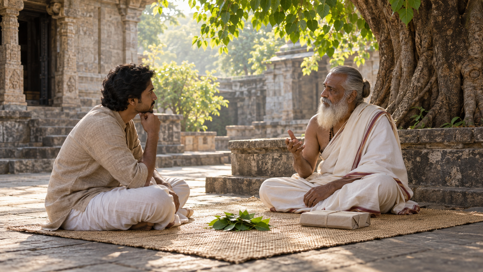 A seeker consults an elder in a shaded stone courtyard while several fresh leaves rest untouched on a woven mat.