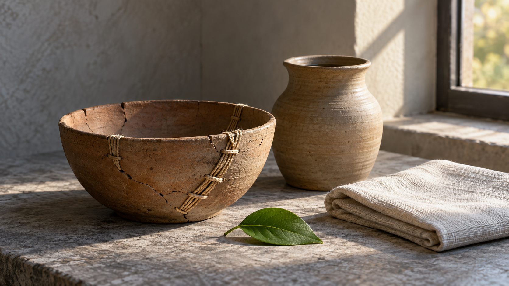 A repaired clay bowl, water vessel, folded cotton cloth, and single green leaf arranged on a stone surface.