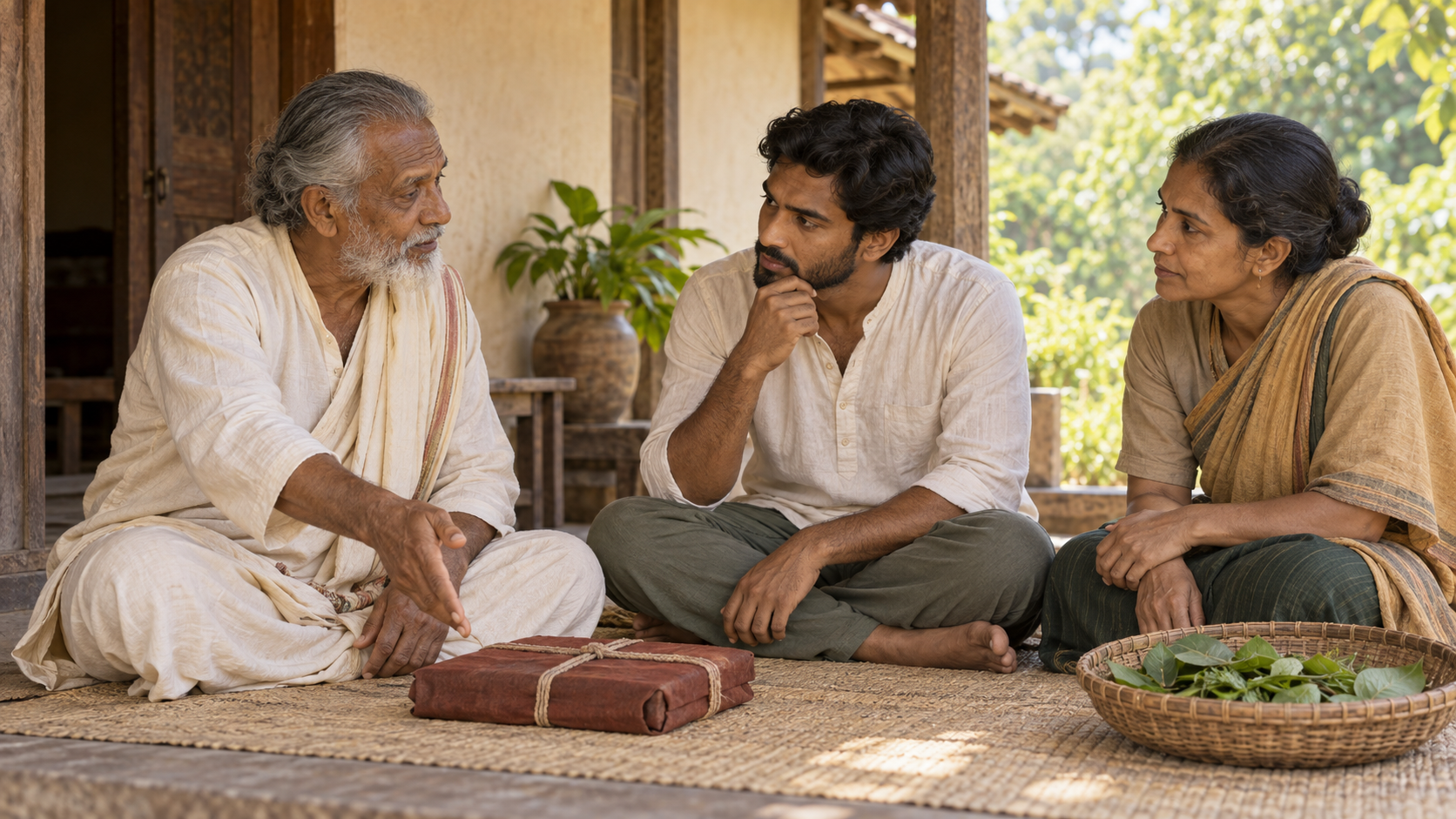 Three adults confer on a shaded veranda beside a closed reference bundle and a basket of gathered leaves.