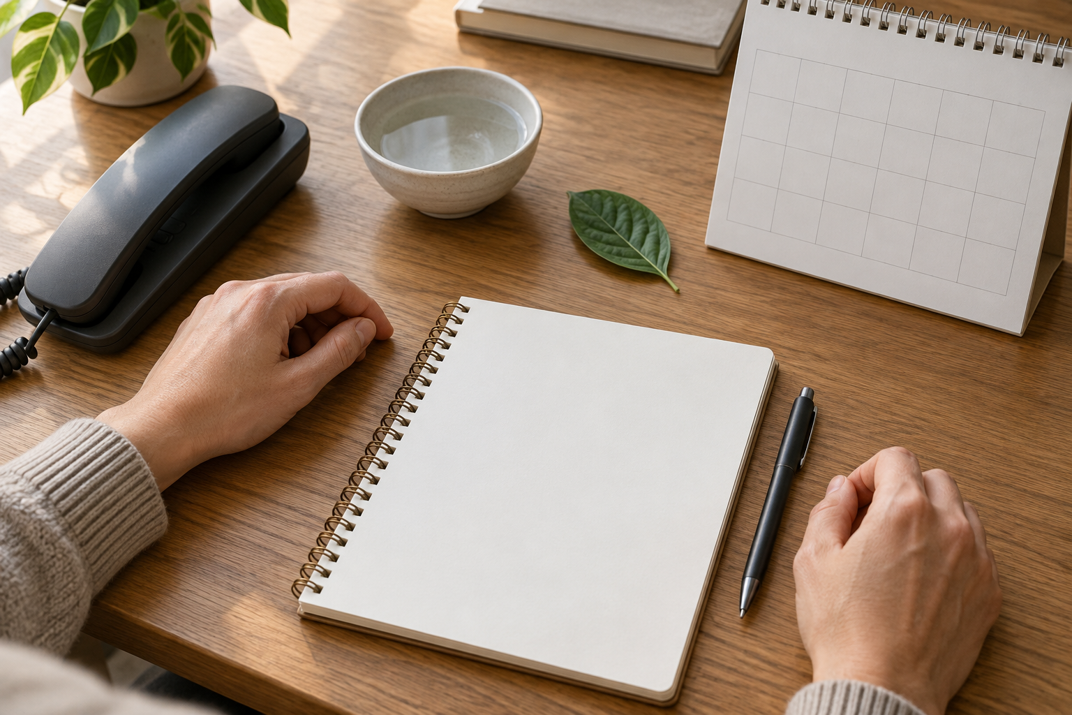 Hands rest beside a blank notebook, unmarked calendar, telephone, bowl of water, and a single leaf on a wooden desk.