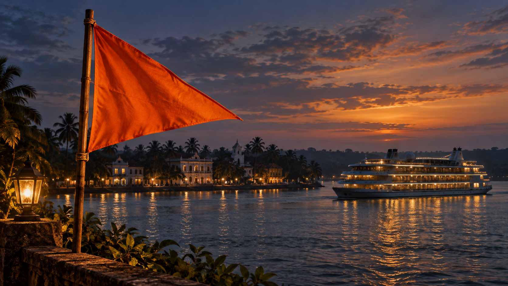 A plain saffron flag stands beside a tropical river at dusk, with an illuminated entertainment vessel and palm-lined waterfront in the distance.