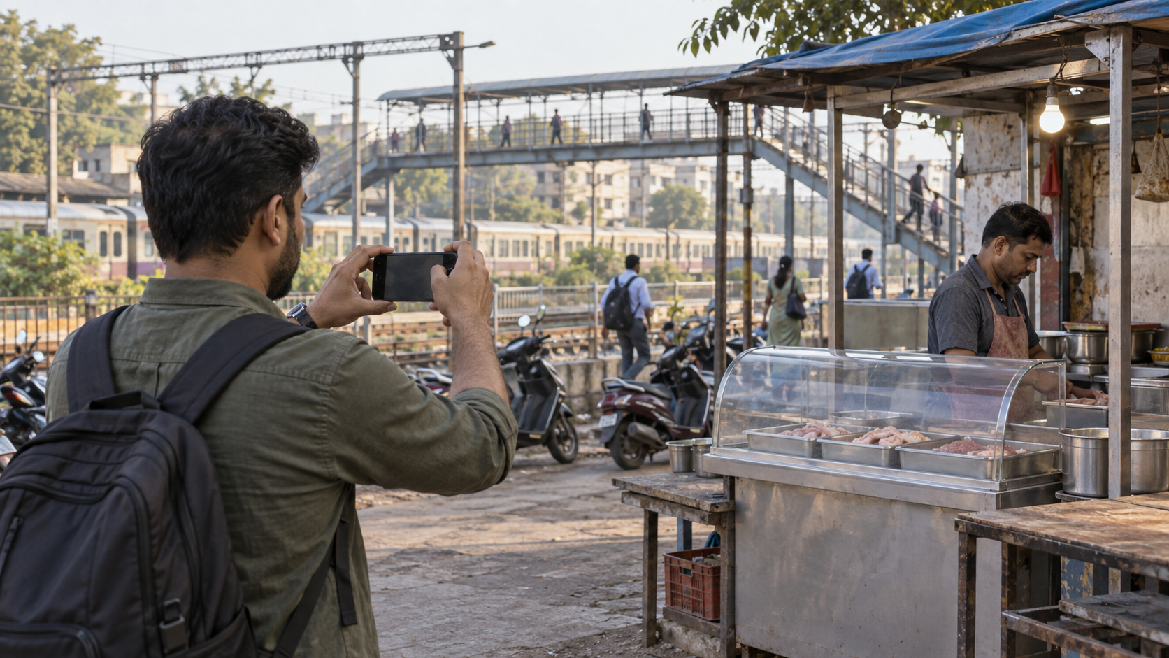 A resident calmly photographs a covered roadside meat stall near railway tracks and a pedestrian footbridge in a Maharashtra town.