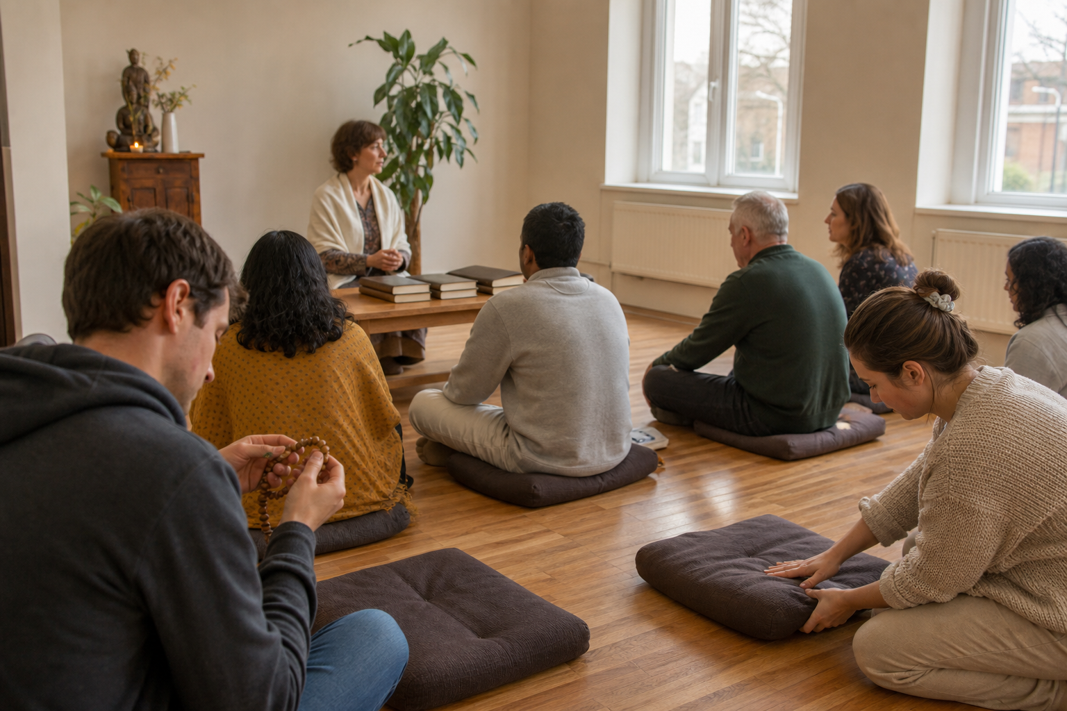 A mixed-age group attends a devotional class while one participant uses prayer beads and another arranges floor cushions.