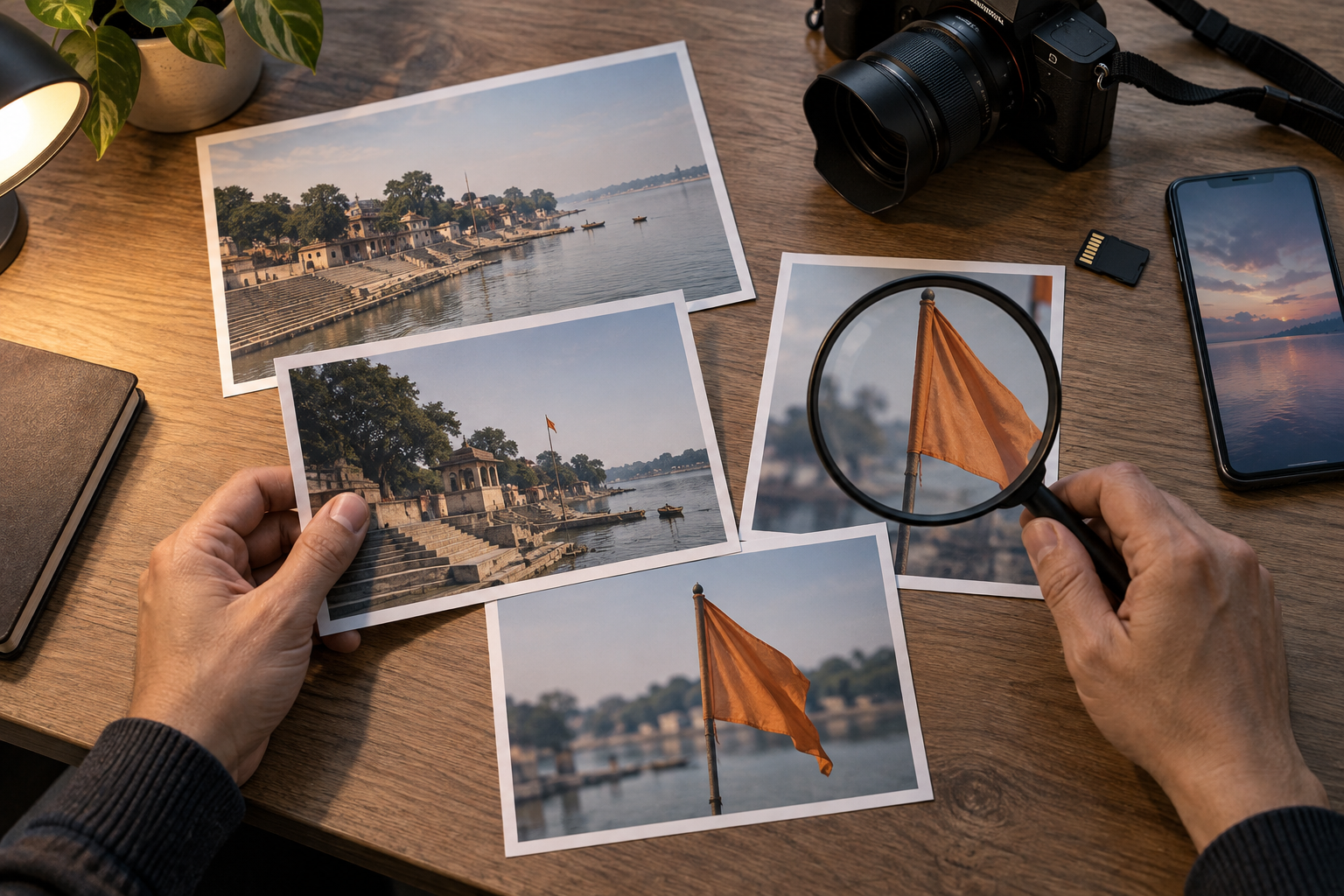 A researcher compares several photographs of a saffron flag at an unidentified riverside venue using a magnifying glass and camera equipment.