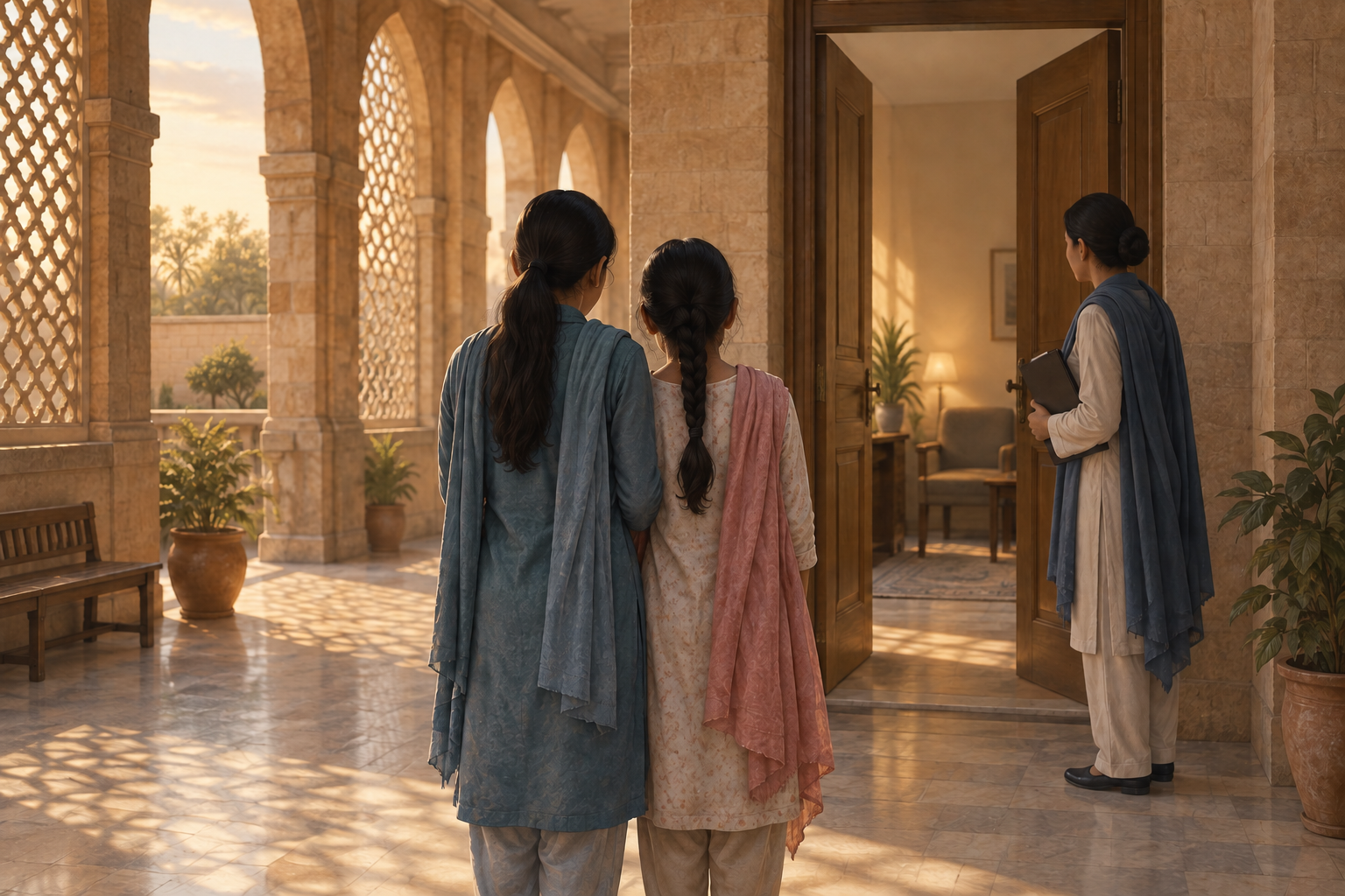 Two anonymous adolescent sisters stand with a child-welfare professional in a softly lit courthouse corridor.