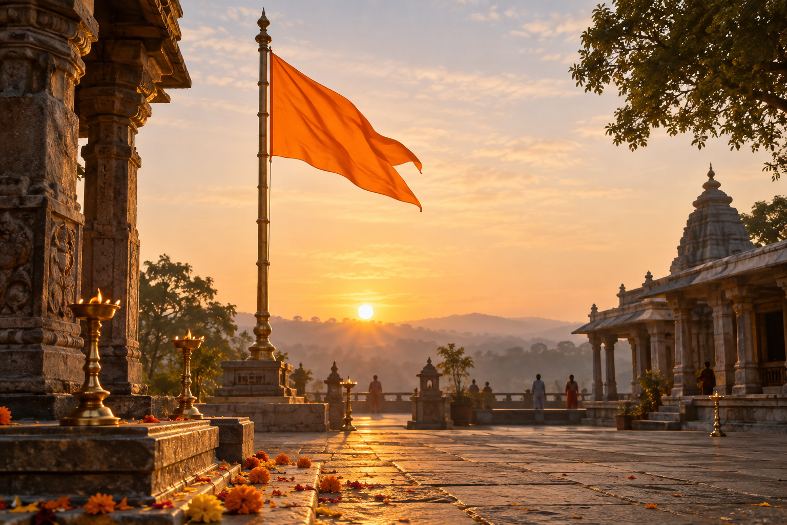 A saffron pennant flies above a quiet Hindu temple courtyard lit by sunrise, with lamps and marigold petals in the foreground.