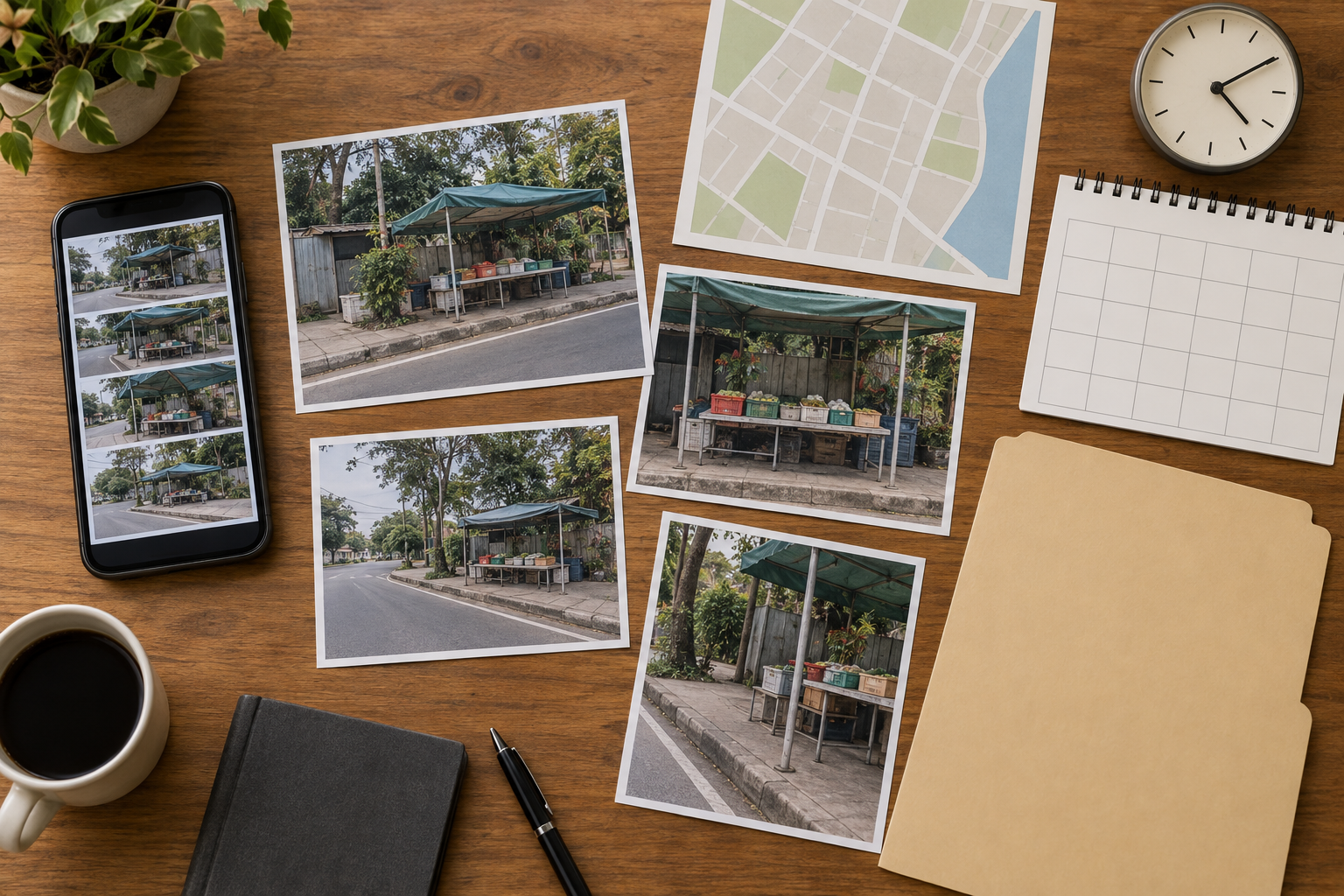 A phone, printed location photographs, an unlabeled map, a clock, and a plain folder are arranged as an organized evidence record.