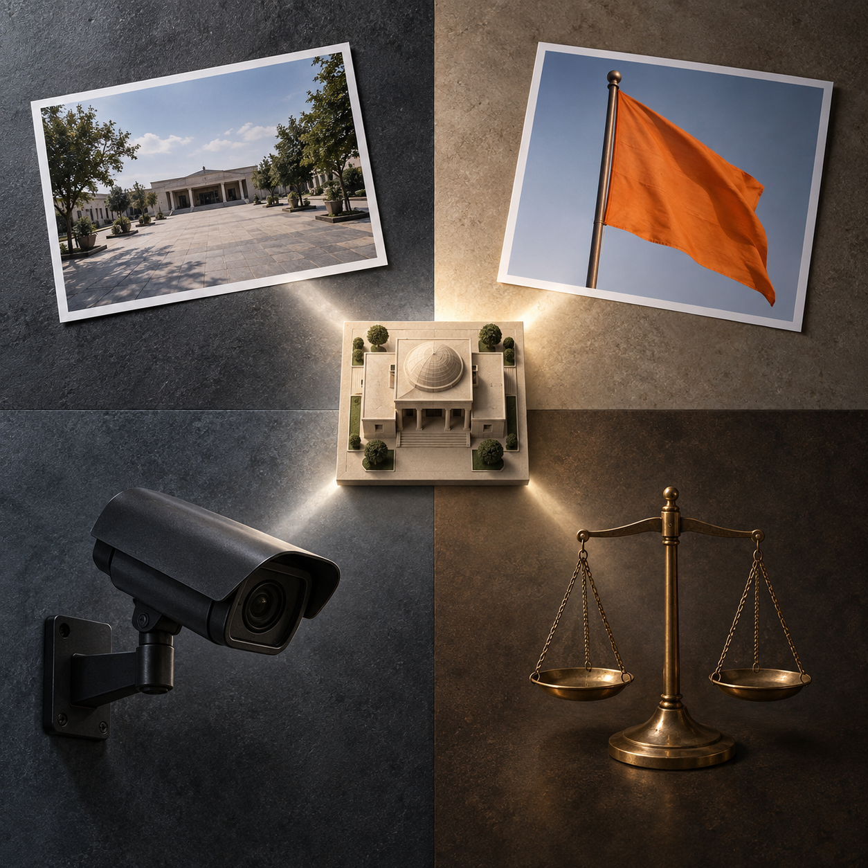 Four groups of evidence surround a model venue: a wide photograph, a flag close-up, a security camera and a balanced scale.