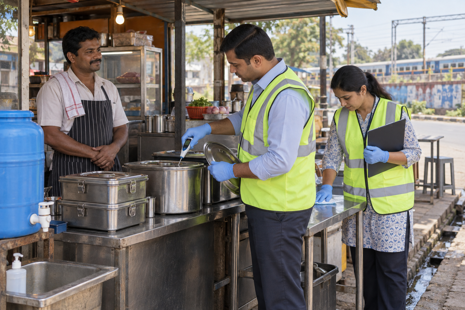 A health inspector checks a covered food container at a roadside stall while another official examines the work area.