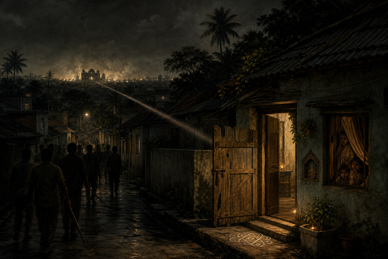 A distant cloud of destruction appears on the horizon while anonymous figures approach a singled-out Hindu household in a Bangladeshi lane.