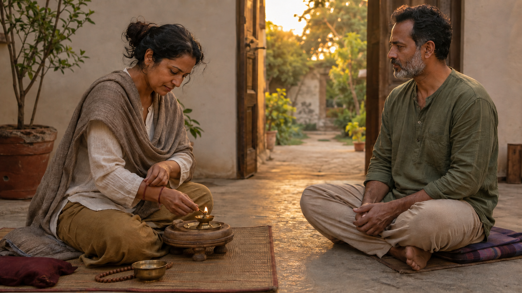 A practitioner relights a brass oil lamp and reties their own wrist cord while a trusted companion sits nearby in a sunlit courtyard.